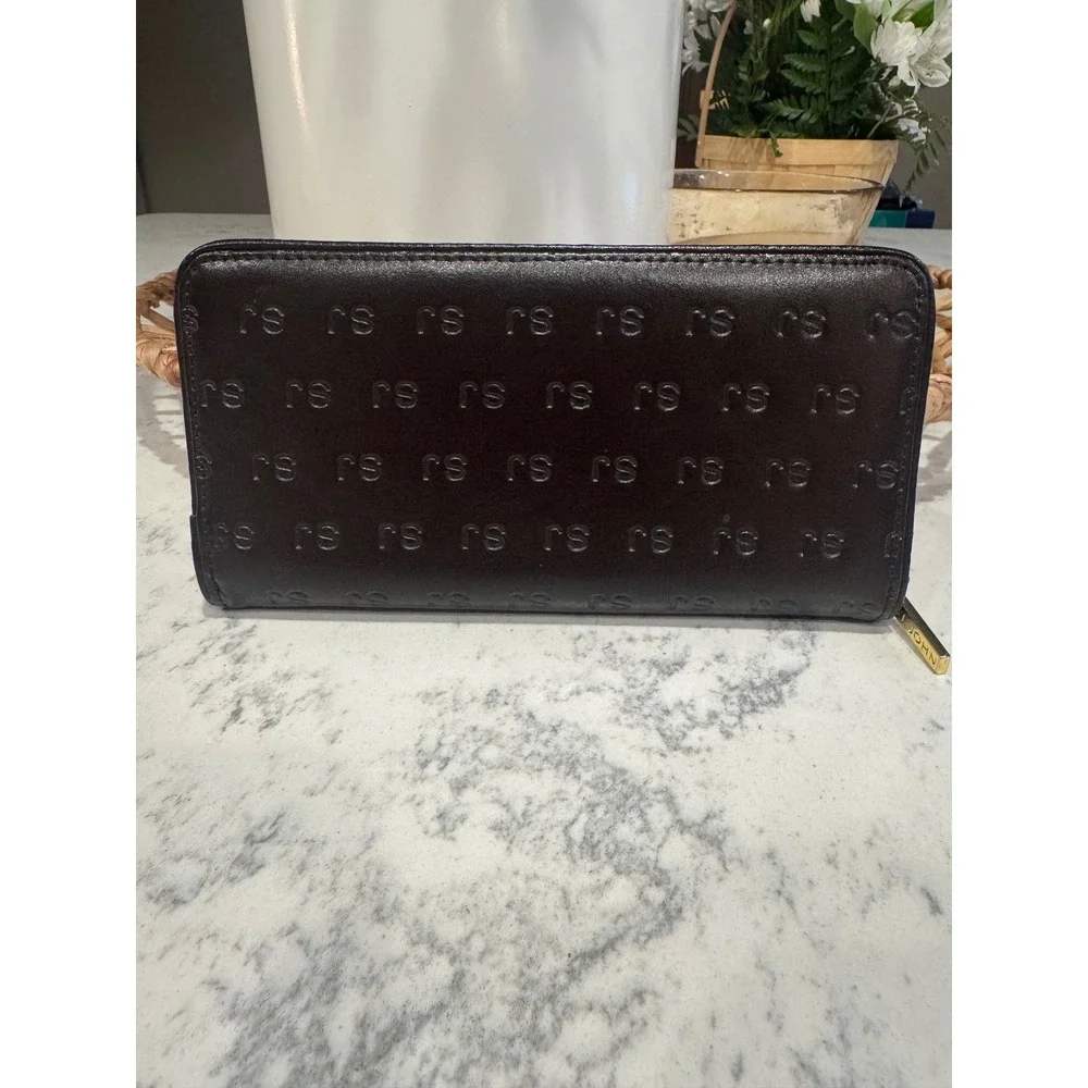 St. John Dark Brown SJ Monogram Embossed Leather Zip Around Wallet Gold Hardware